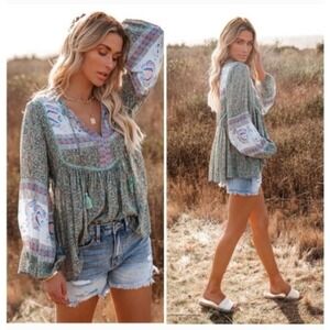 VICI Women's Mixed Print Colorful Boho Peasant Sleeve Country Flowy Blouse Sz M